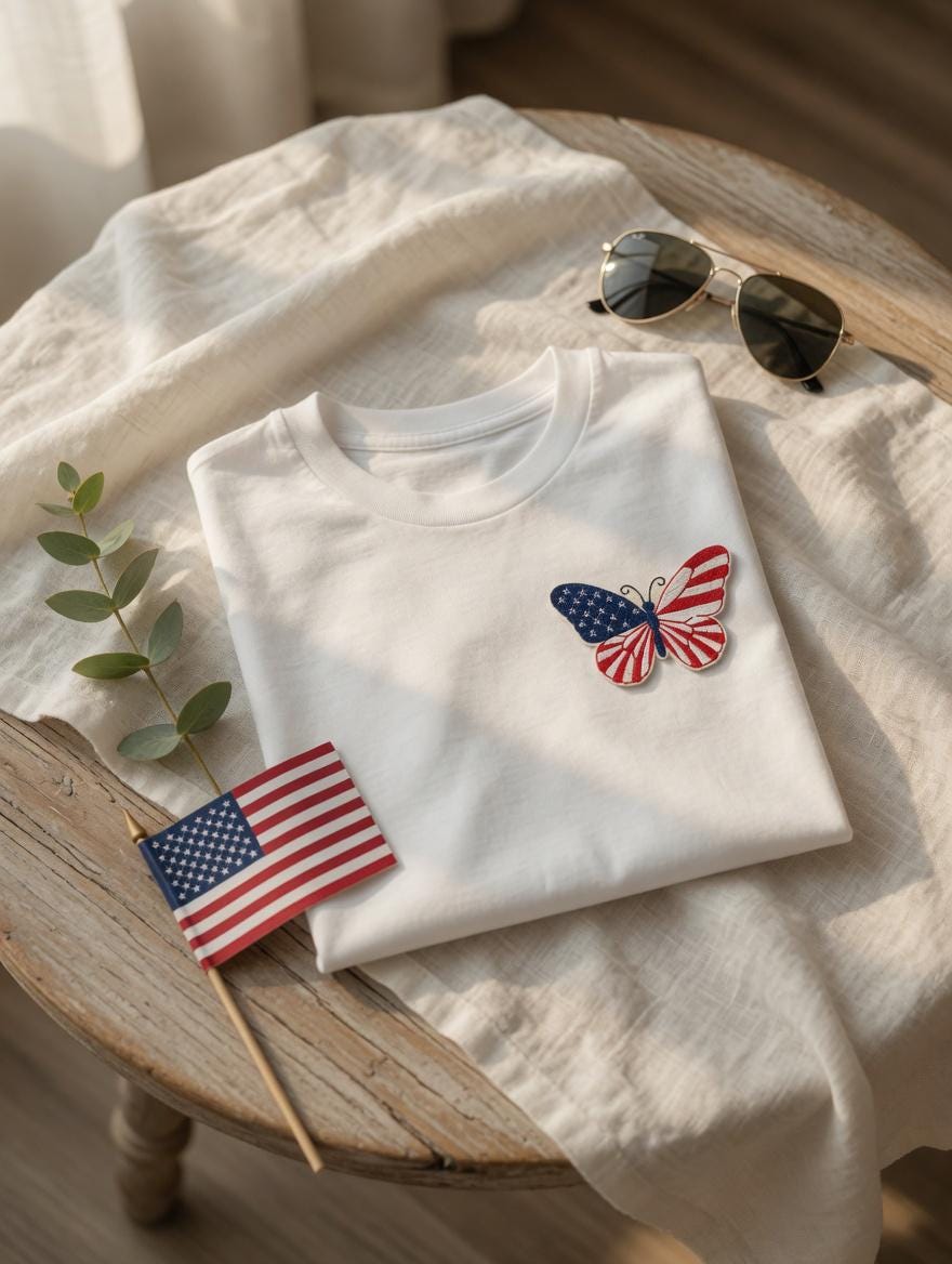 July 4 Independence Day Gift  Custom Embroidered American Flag Butterfly Cotton T-Shirt
