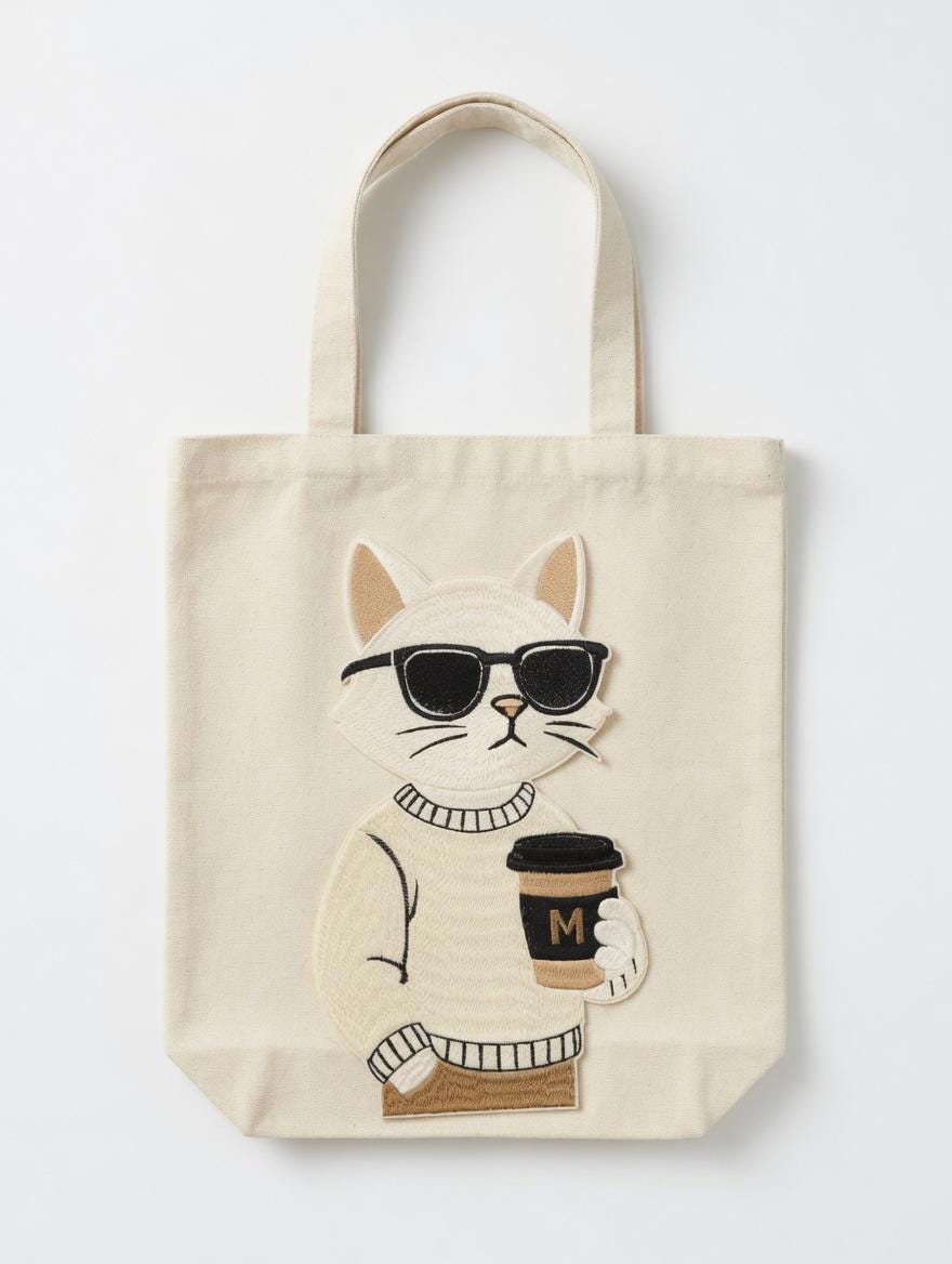 Embroidered Cat Coffee Tote Bag | Lover Canvas Shoulder Bag
