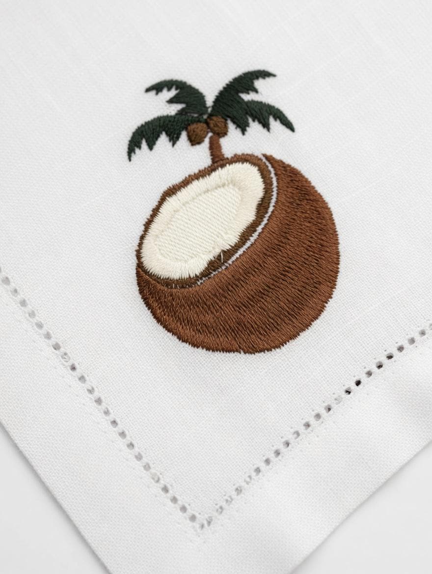 Embroidered Coconut Linen Napkin | Beach Theme Hemstitch Table Decor