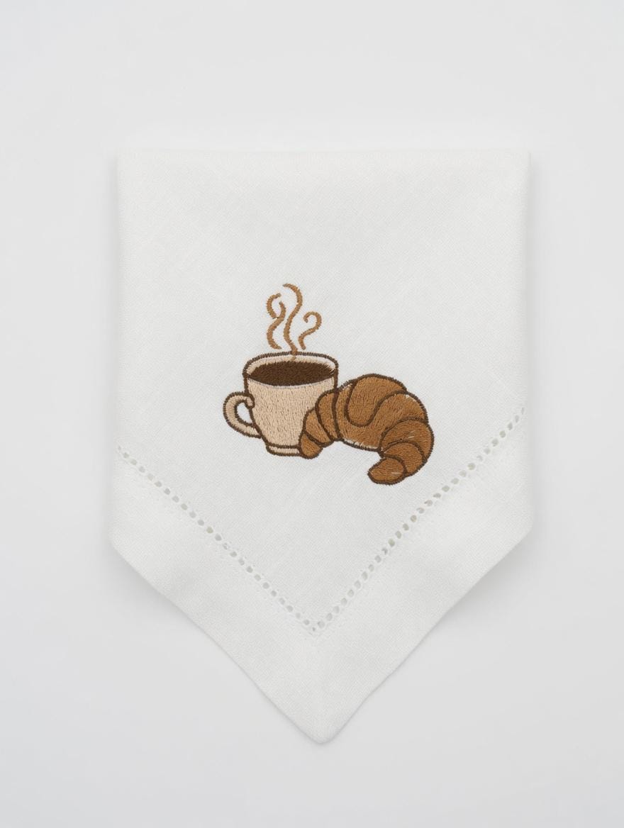 Embroidered Coffee Croissant Linen Napkin | White Hemstitch Table Decor