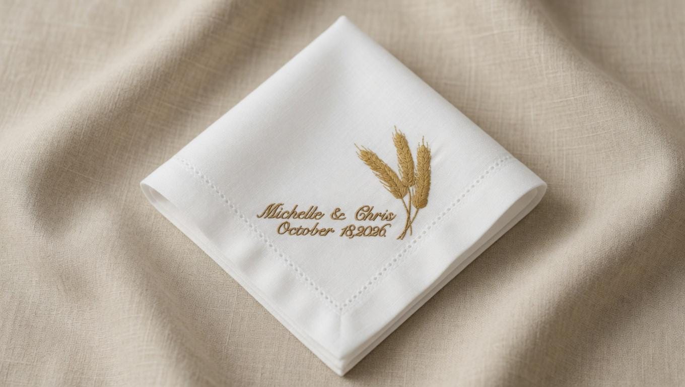 Custom Embroidered Linen Napkin: Golden Wheat Stalks, Couple Names, Wedding Date set of two
