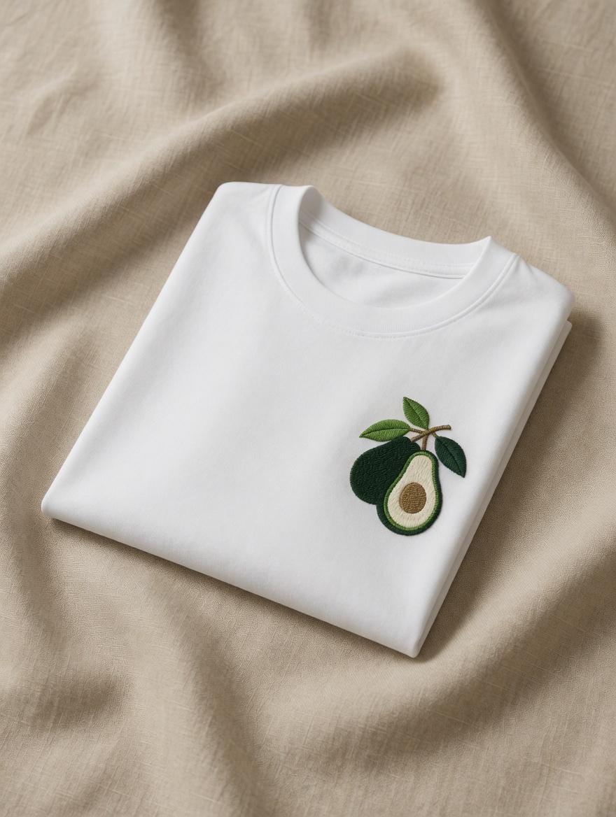 Embroidered Avocado T-Shirt | Fresh Leaves Foodie Tee | Soft Cotton Top