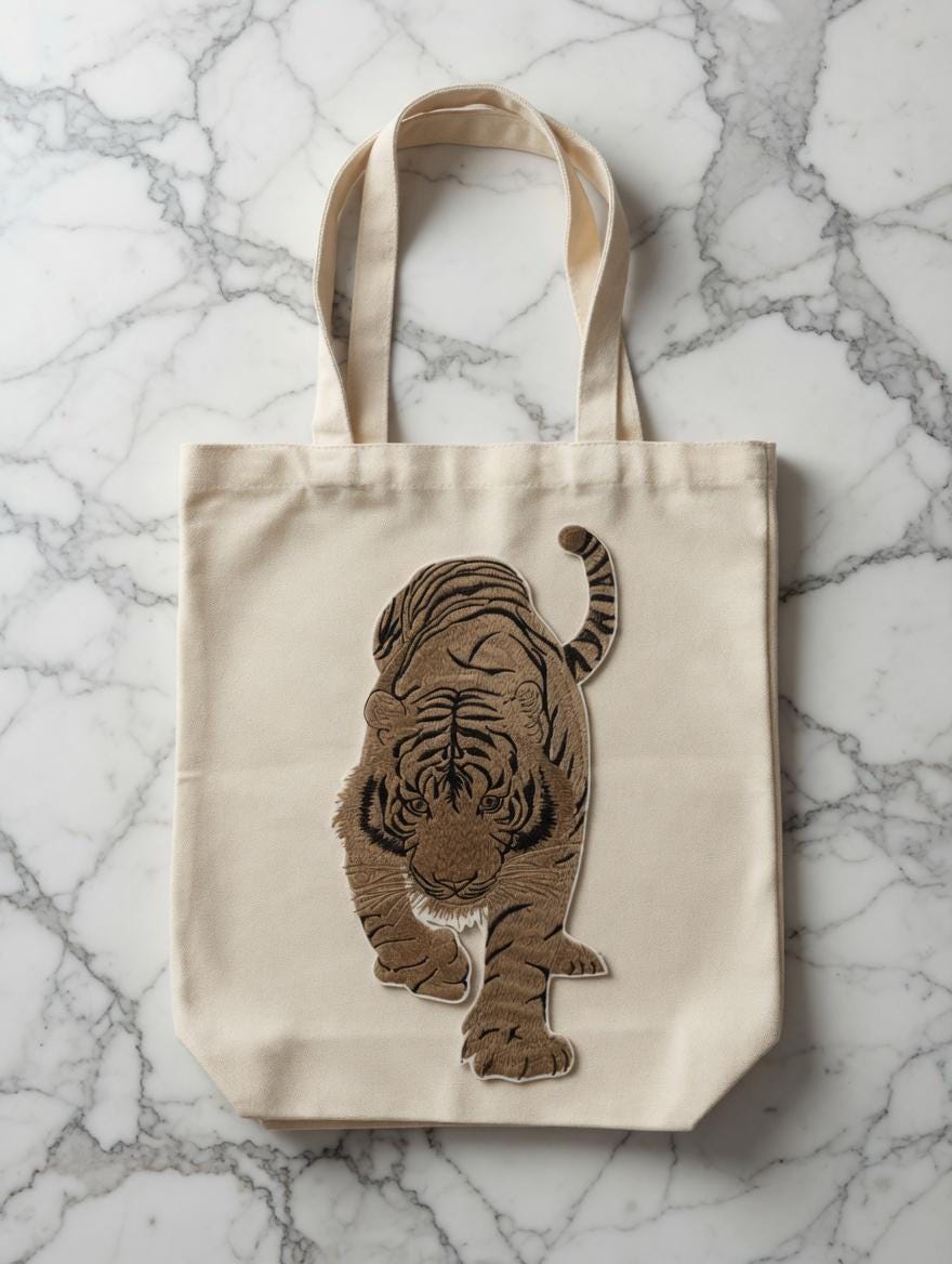Embroidered Full Body Tiger Tote Bag, Wildlife Canvas Shoulder Bag