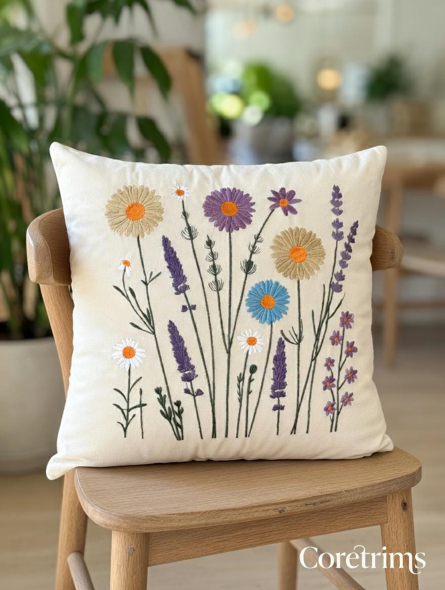 Artistic Embroidered Pillow - Hand Embroidered Brown Velvet Cushion, Unique Home Accent
