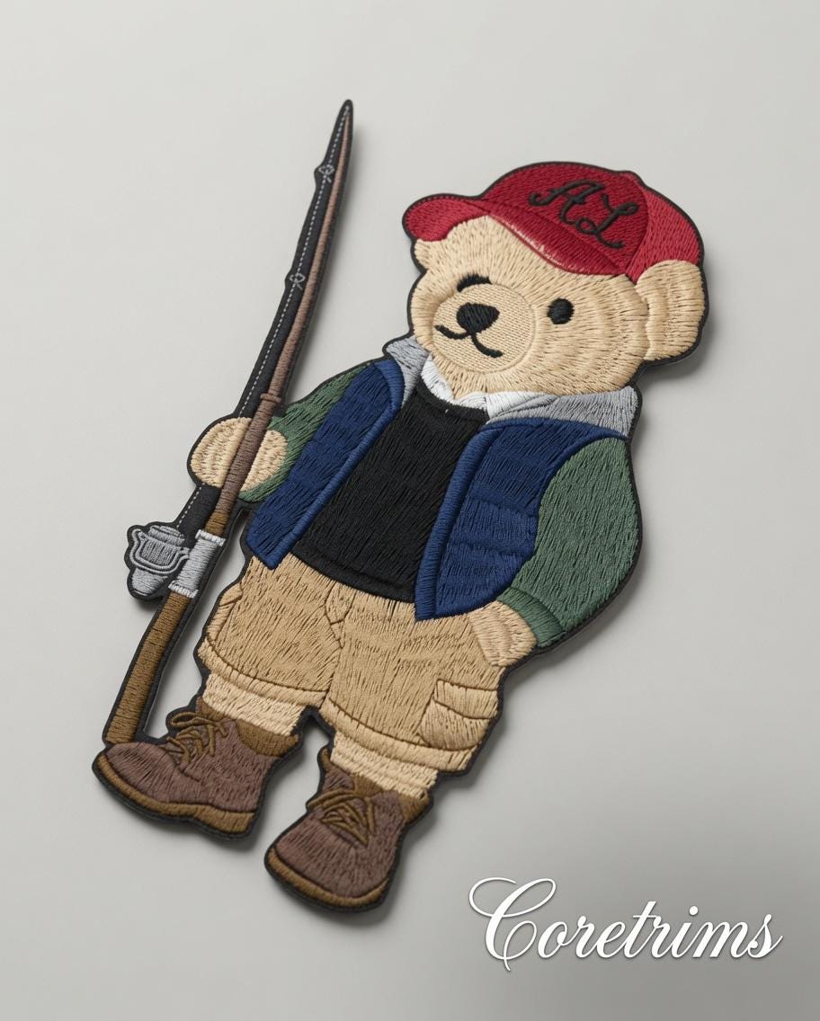 PreFishing Palph Lauren style Teddy Bear Patch – Fisherman Bear with Fishing Rod, Red AL Cap Embroidered Iron-On Appliqué