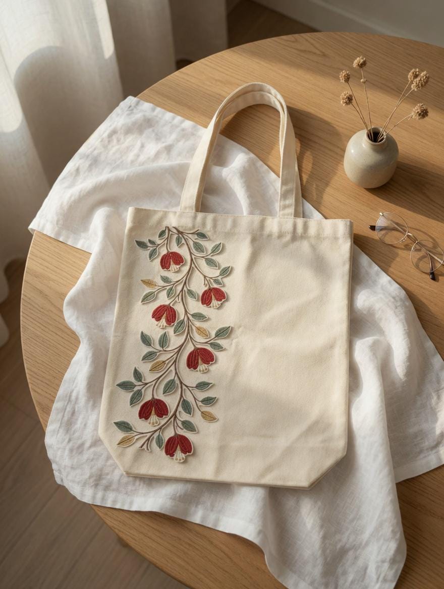 Custom Embroidered Floral Tote Bag – Red Flower Vine Canvas Shoulder Bag