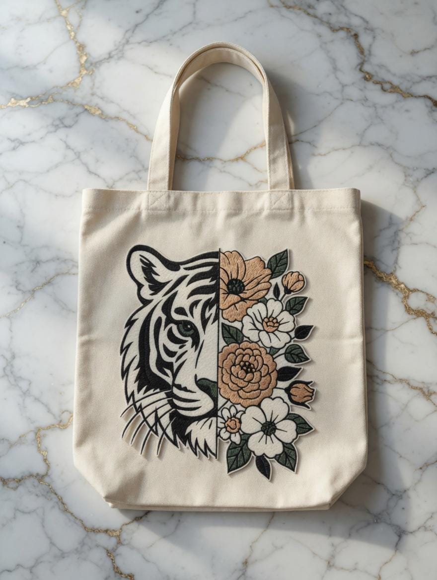 Embroidered Tiger Floral Tote Bag: Artistic Canvas Shoulder Bag