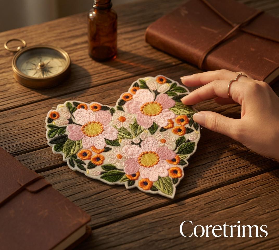Floral Heart Patch – Hand Embroidered Pink Blossoms Badge (Iron-On)