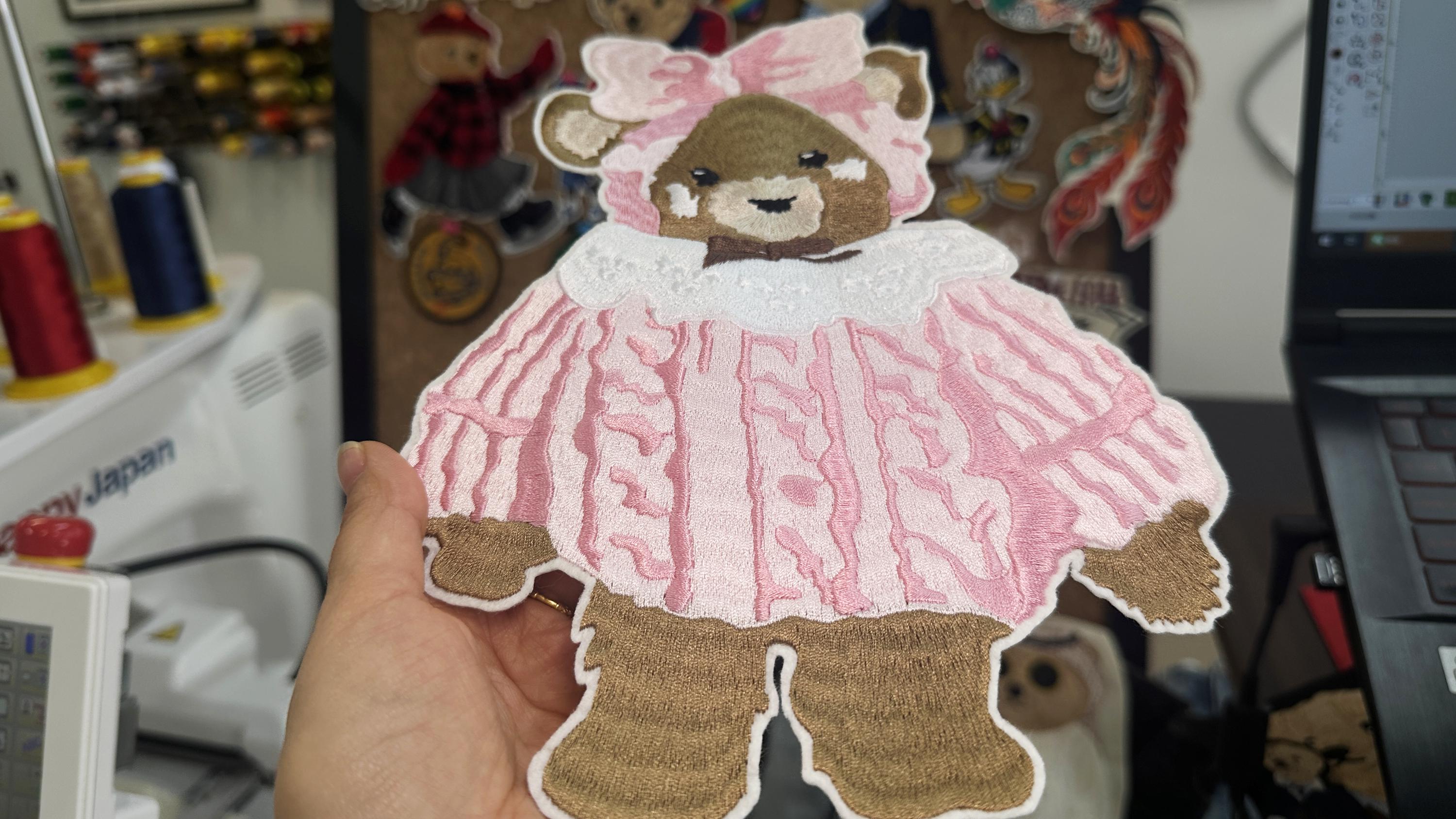 Hand Embroidered Teddy Bear Patch – Pink Frilly Baby Dress Applique (Sew On/Iron On)