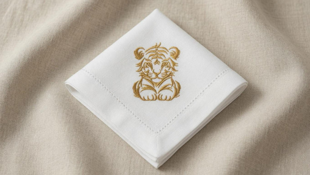 Custom Embroidered Tiger Linen Napkin | Gold Thread Animal Portrait Dinner Napkin Set of 2