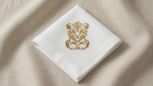 Custom Embroidered Tiger Linen Napkin | Gold Thread Animal Portrait Dinner Napkin Set of 2