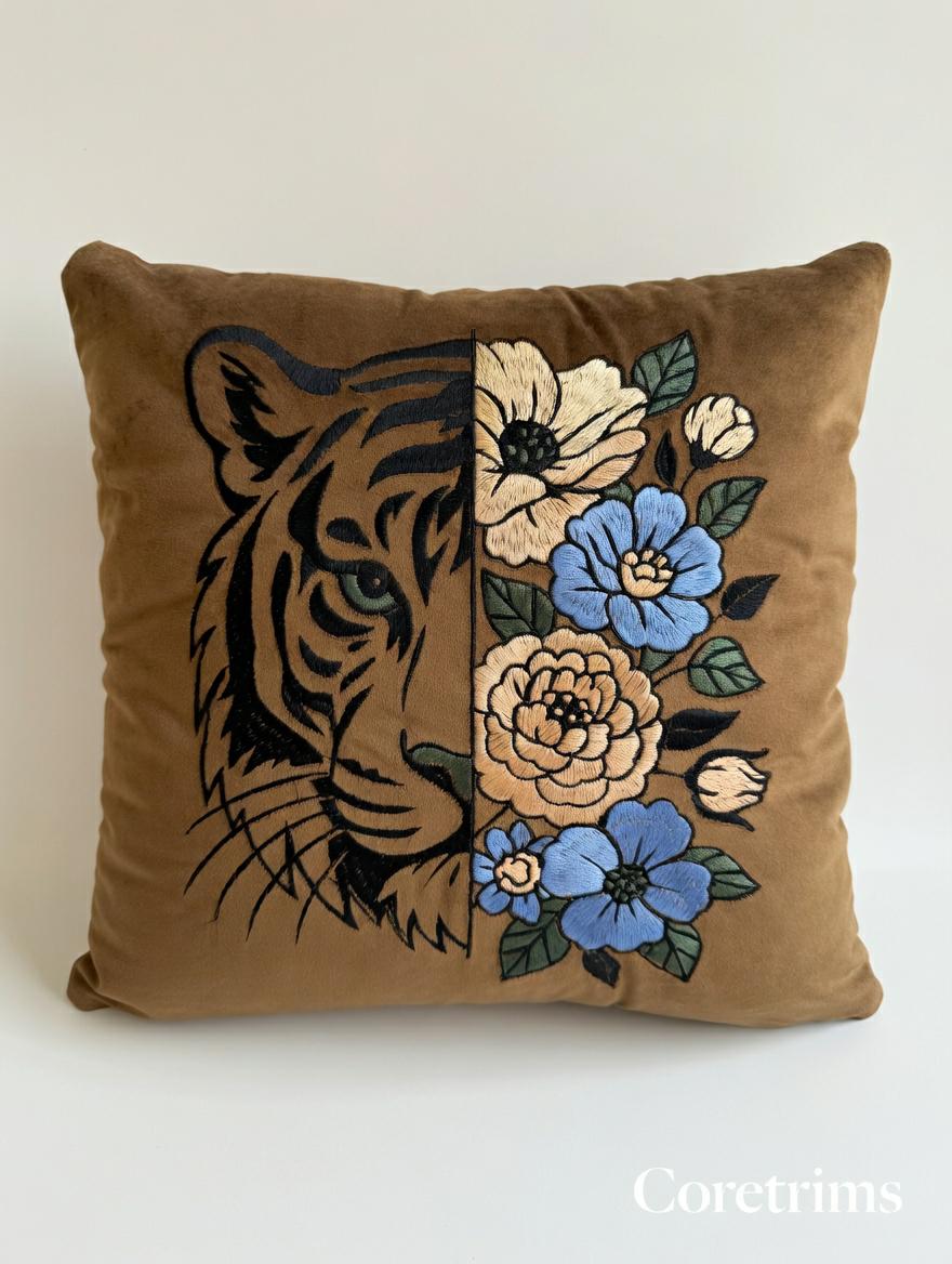 Artistic Embroidered Pillow - Hand Embroidered Brown Velvet Cushion, Unique Home Accent