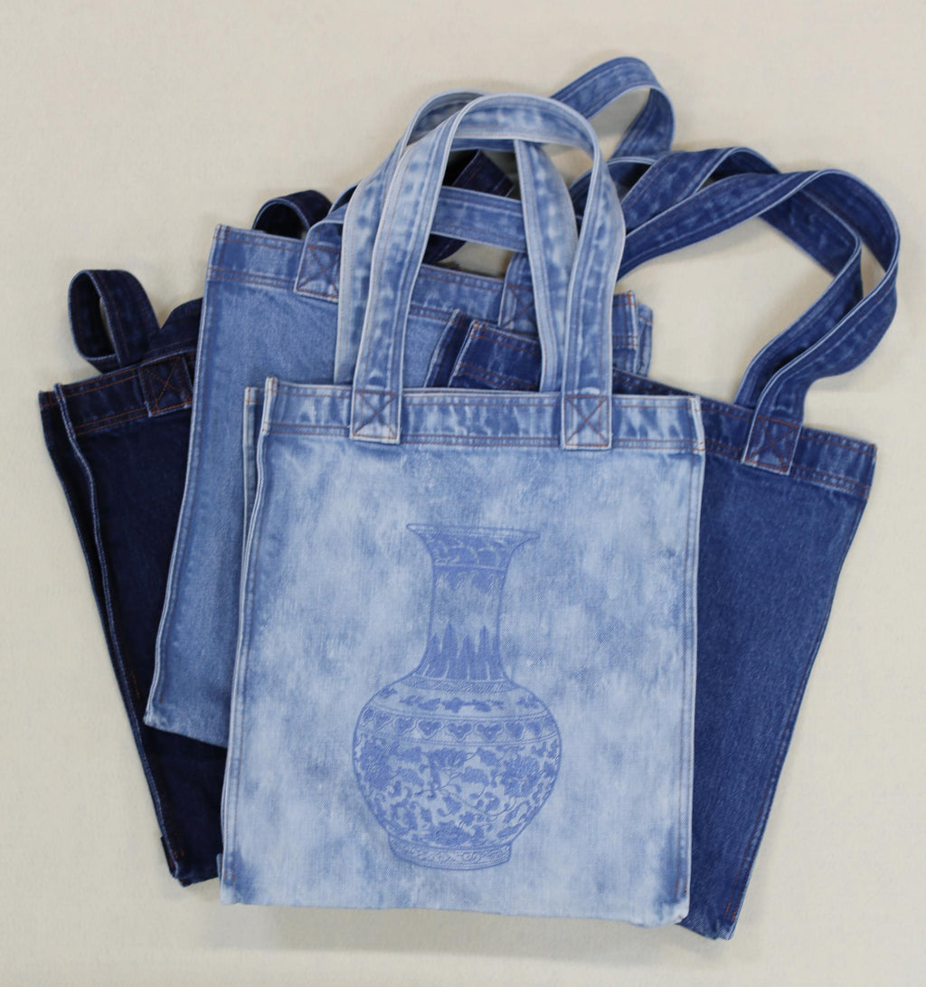 Washed Denim Tote Bag with Chinese Porcelain Embroidery – 100% Cotton Canvas Bag