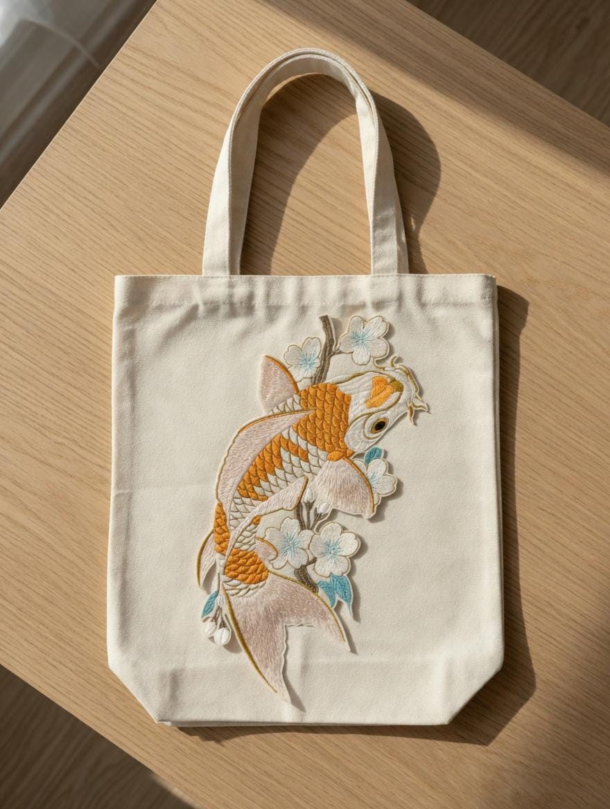 Embroidered Koi Fish Cherry Blossom Tote Bag: Japanese Style Canvas Shoulder Bag