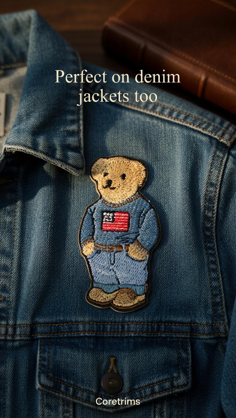 Monogram Hand Embroidered Polo Bear Patch – Blue Sweater USA Flag, Sew On Jacket Patch