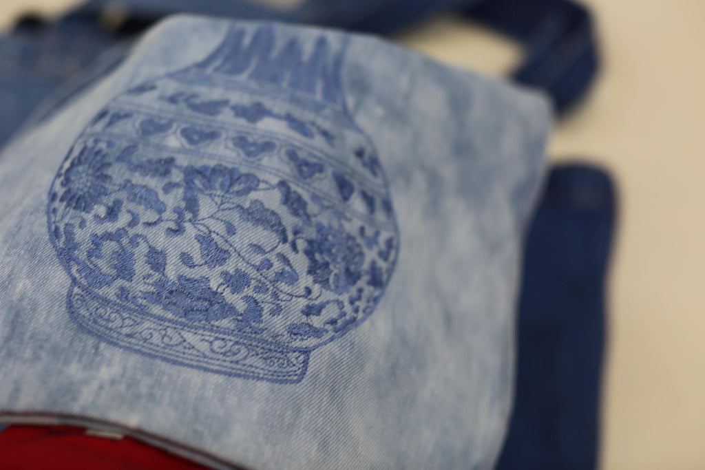 Washed Denim Tote Bag with Chinese Porcelain Embroidery – 100% Cotton Canvas Bag