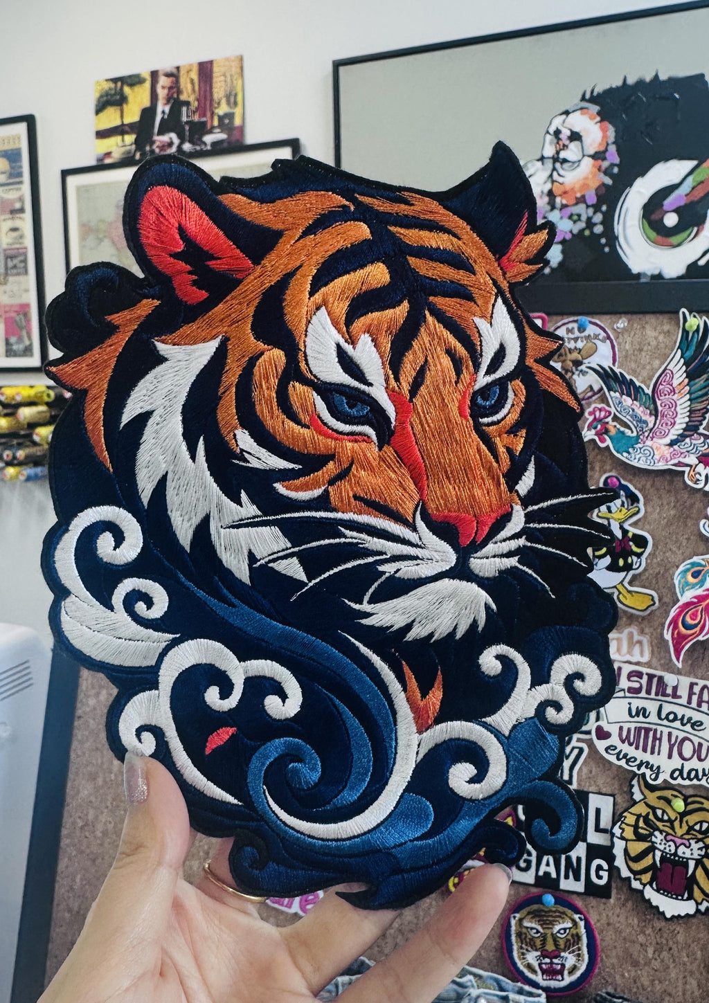 Embroidered Tiger Head Patch – Swirling Clouds Waves, Sew/Iron On Badge