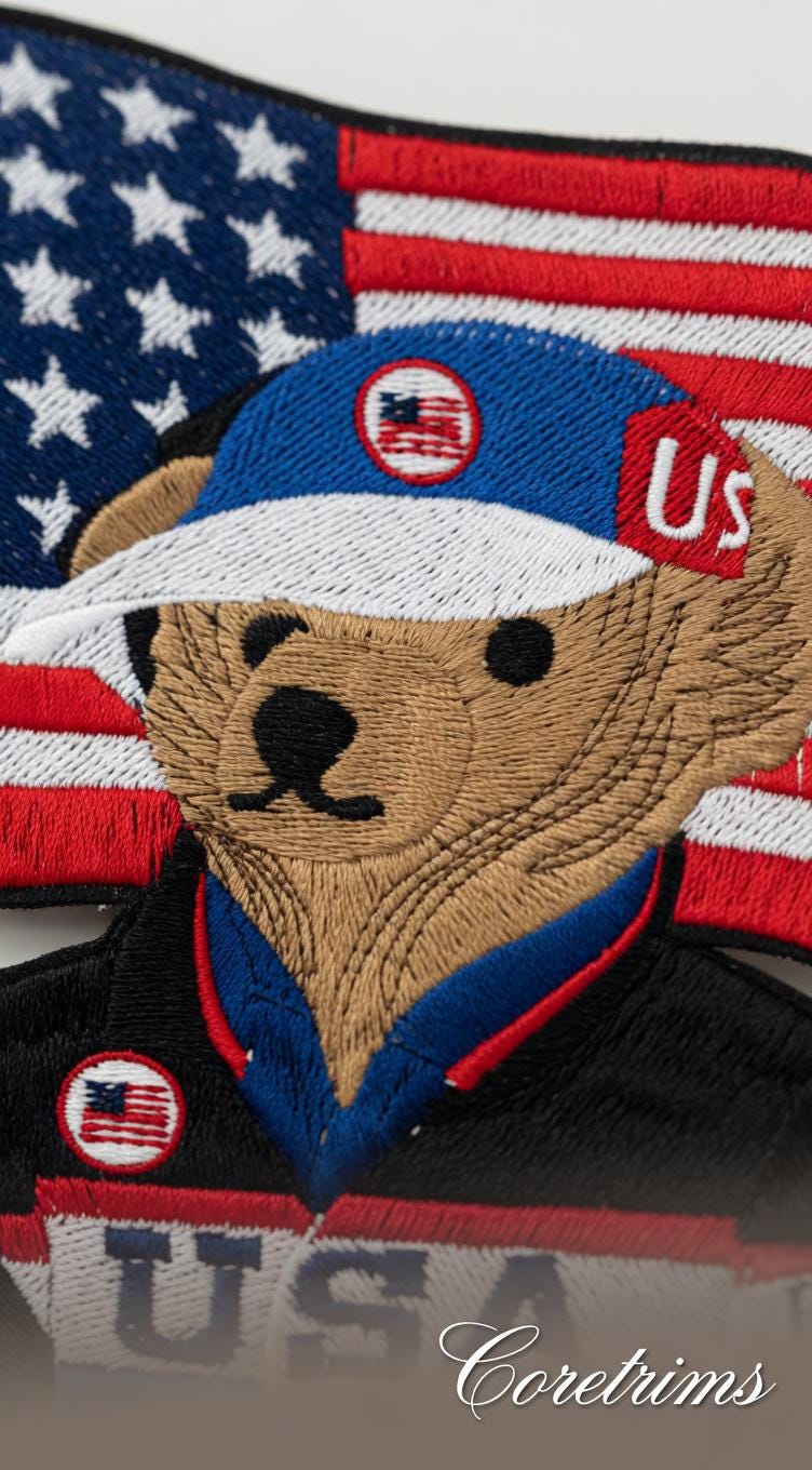 Patriotic USA Ralph Lauren style Bear Embroidered Iron-On Patch – Holding American Flag, Team USA Jacket & Cap