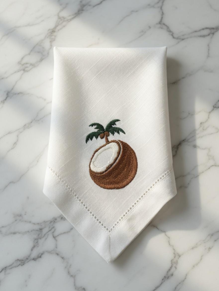 Embroidered Coconut Linen Napkin | Beach Theme Hemstitch Table Decor