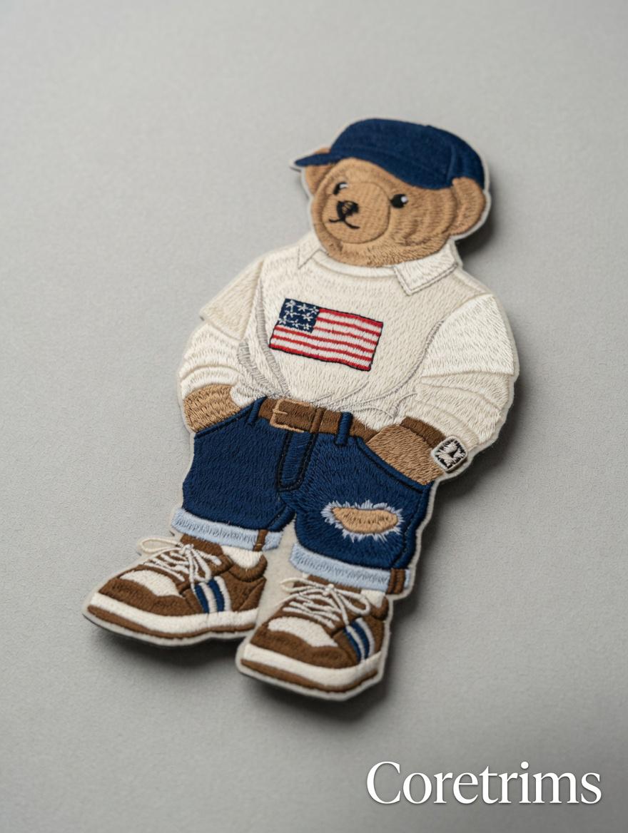 Monogram Preppy Teddy Bear Patch – American Flag Polo, Ripped Denim Shorts & Cap Embroidered Iron-On Appliqué