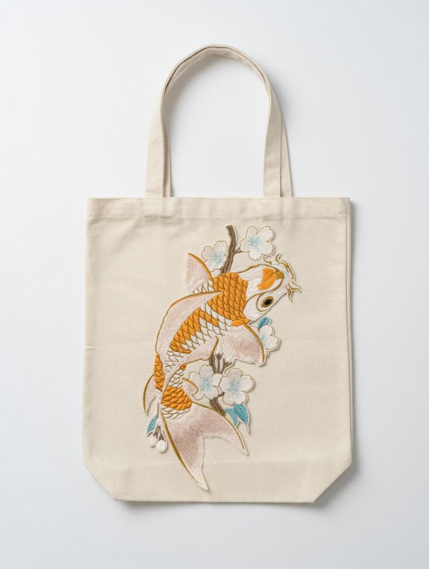 Embroidered Koi Fish Cherry Blossom Tote Bag: Japanese Style Canvas Shoulder Bag