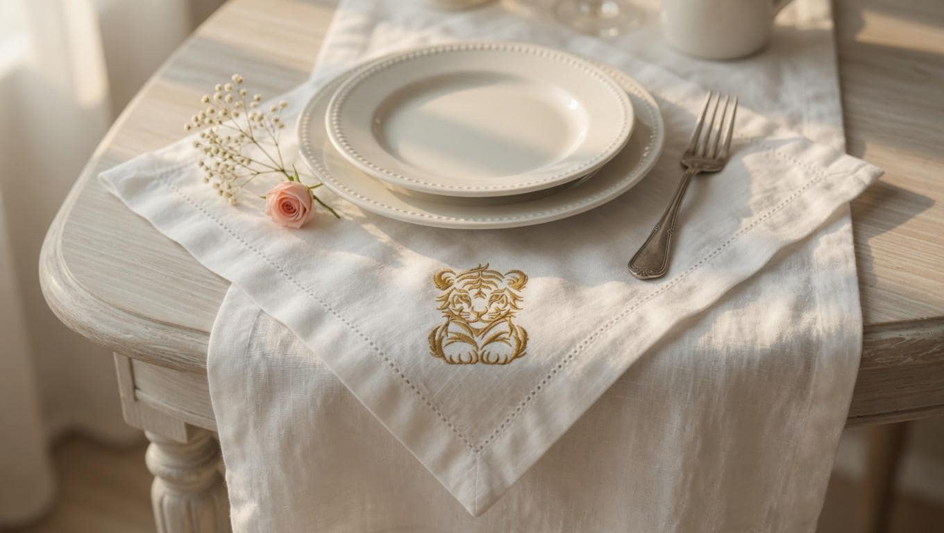 Custom Embroidered Tiger Linen Napkin | Gold Thread Animal Portrait Dinner Napkin Set of 2