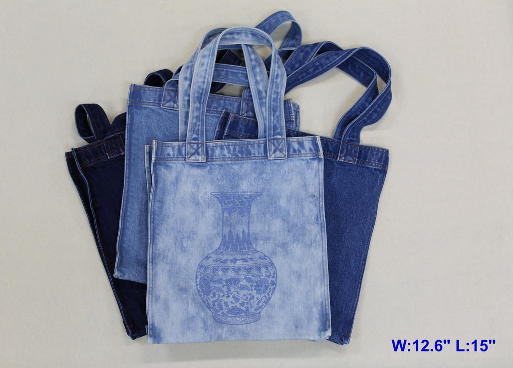 Washed Denim Tote Bag with Chinese Porcelain Embroidery – 100% Cotton Canvas Bag
