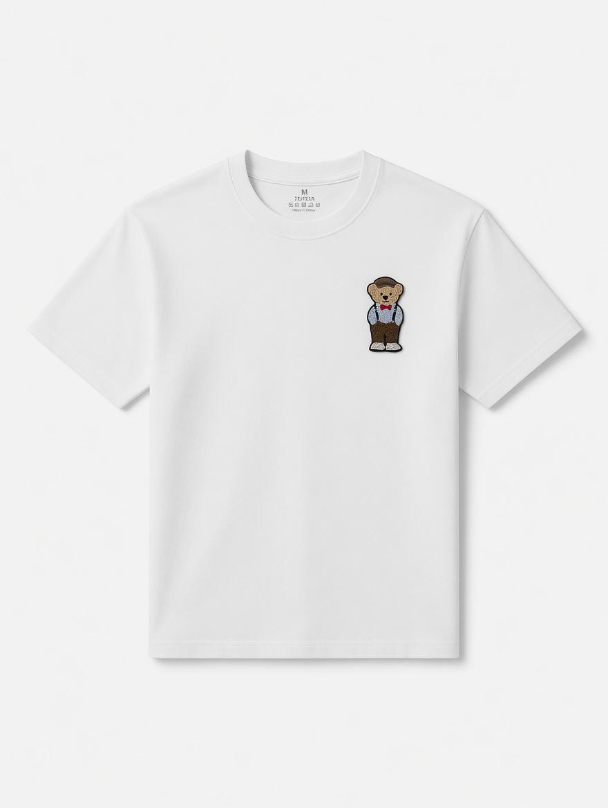 Embroidered Teddy Bear T-Shirt | Dapper Bear with Bow Tie, Suspenders (Cotton)