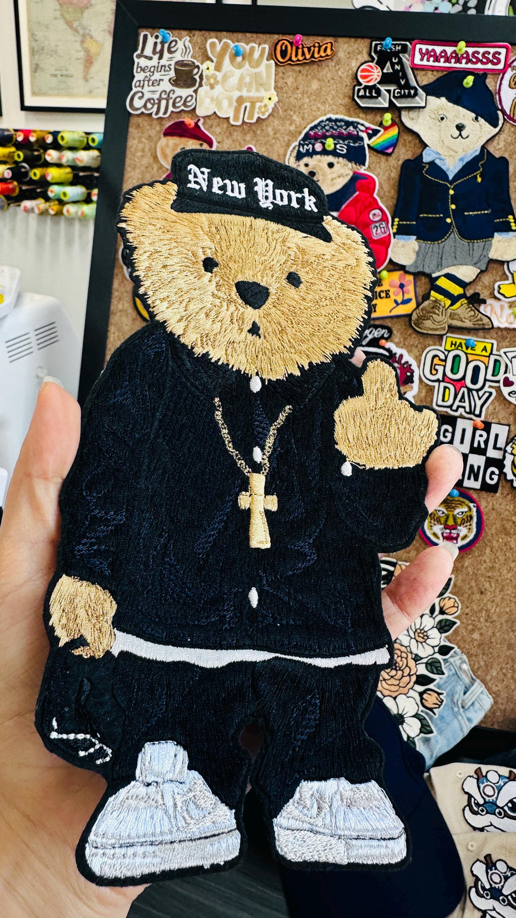 Hand Embroidered Teddy Bear Patch, New York Hip Hop Bear, Iron On Sweatshirt Hoodie