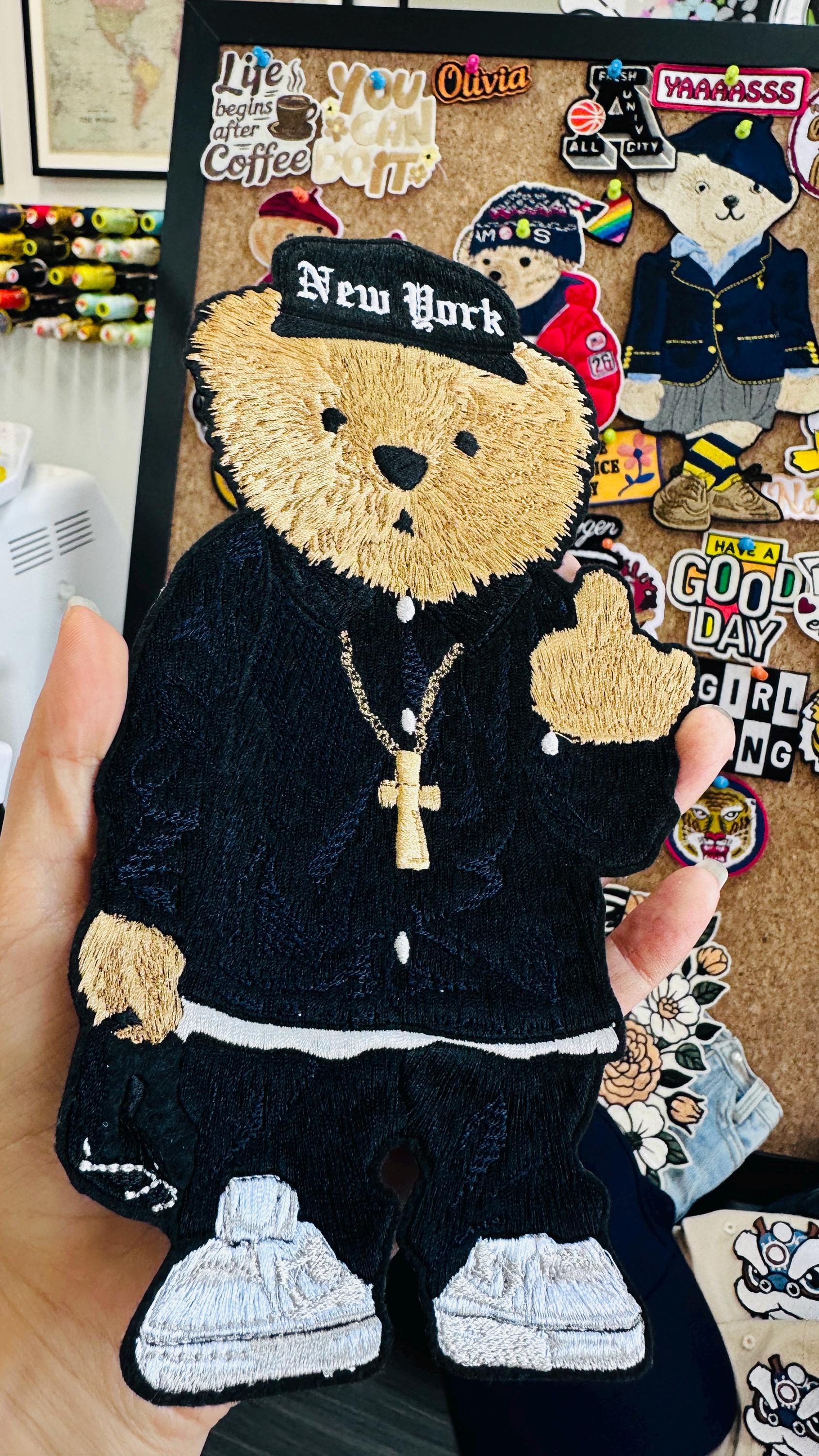 Hand Embroidered Teddy Bear Patch, New York Hip Hop Bear, Iron On Sweatshirt Hoodie