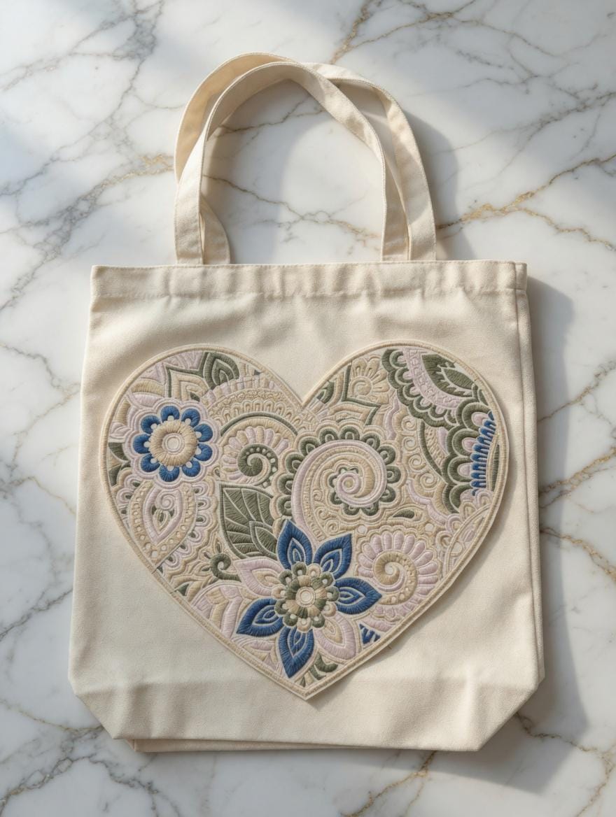 Embroidered Heart Mandala Tote Bag: Bohemian Floral Canvas Shoulder Bag