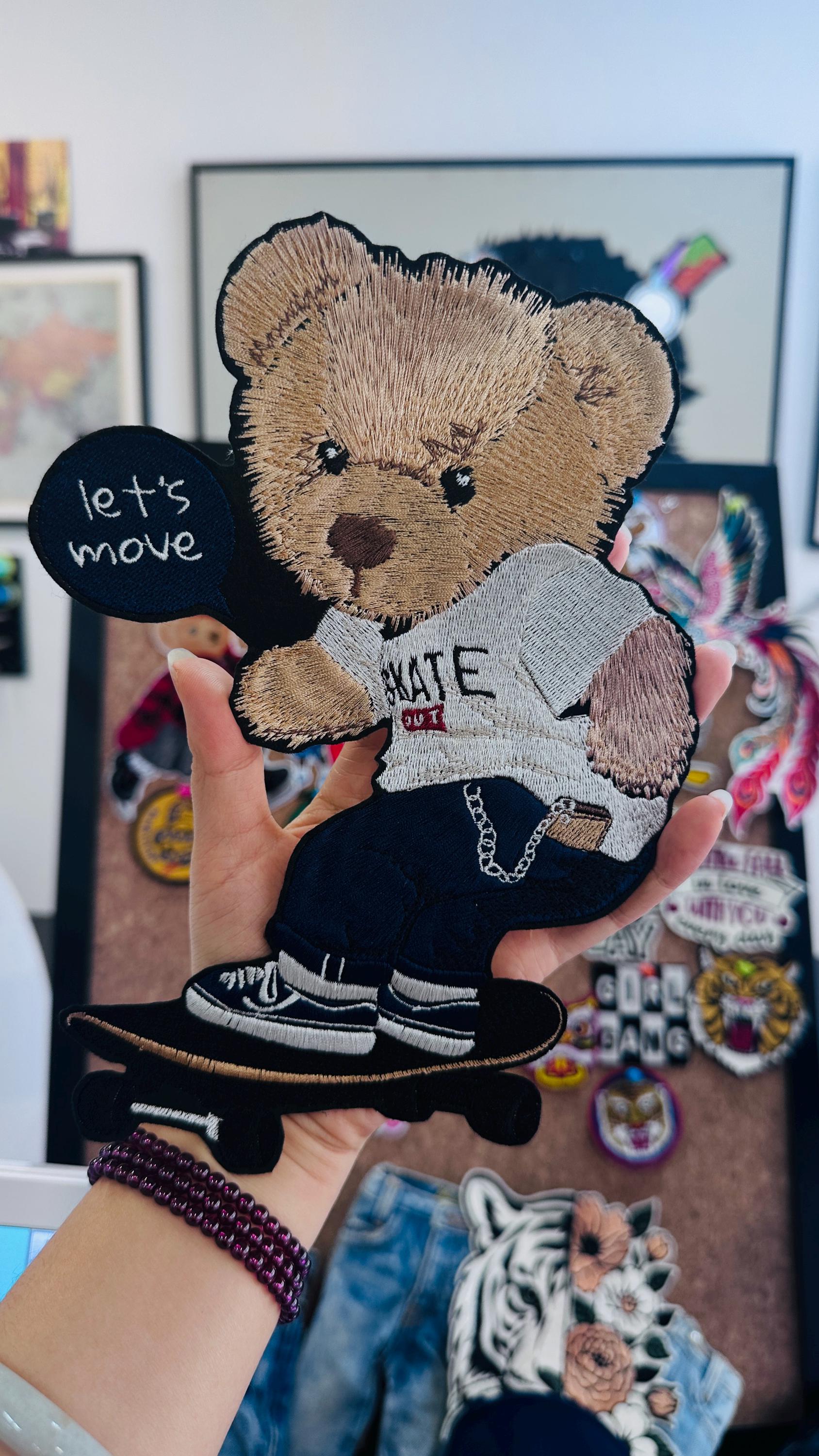 Embroidered Teddy Bear Patch – Skater Applique (Iron On/Sew)
