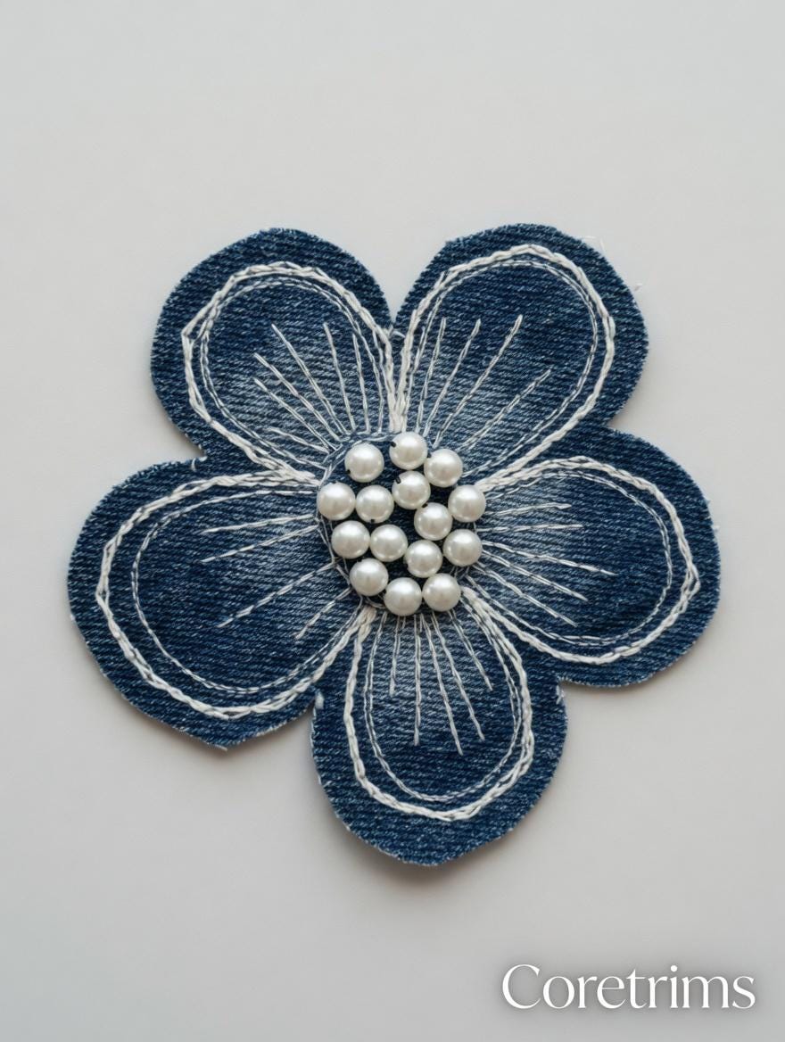 Denim Flower Patch with Pearl Center – Embroidered Appliqué, White Stitching, Sew-On Fabric Badge
