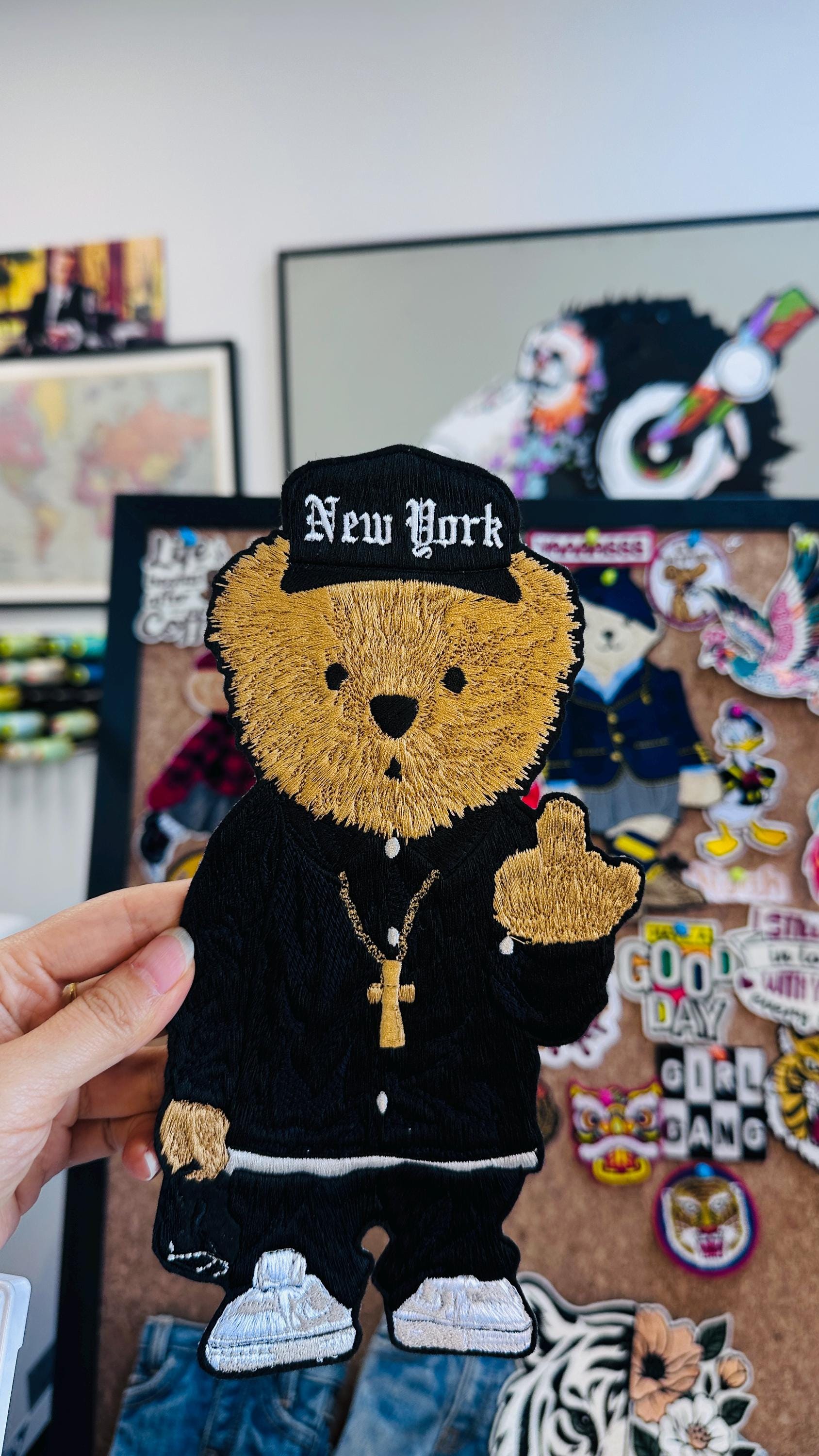 Hand Embroidered Teddy Bear Patch, New York Hip Hop Bear, Iron On Sweatshirt Hoodie