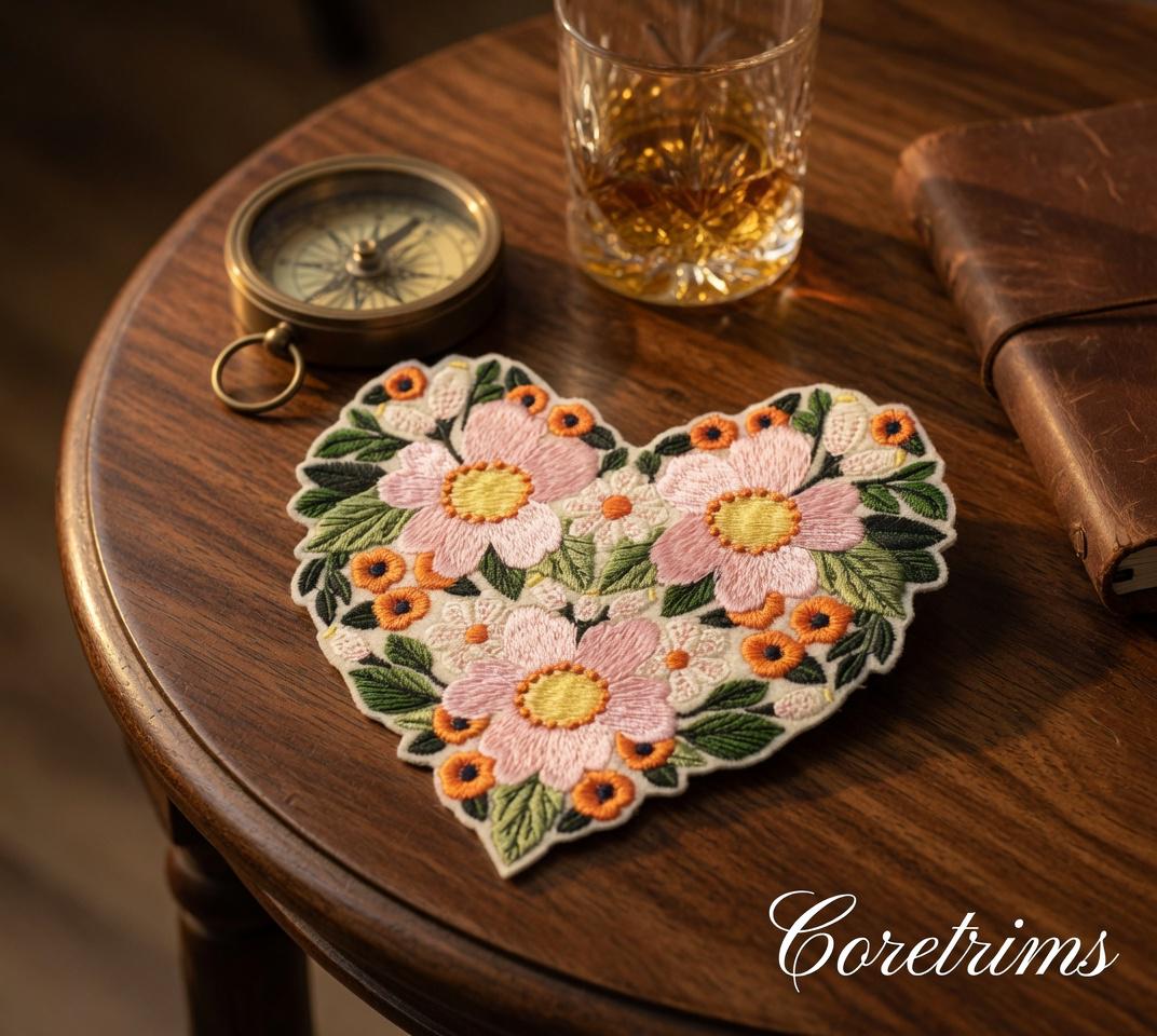 Floral Heart Patch – Hand Embroidered Pink Blossoms Badge (Iron-On)