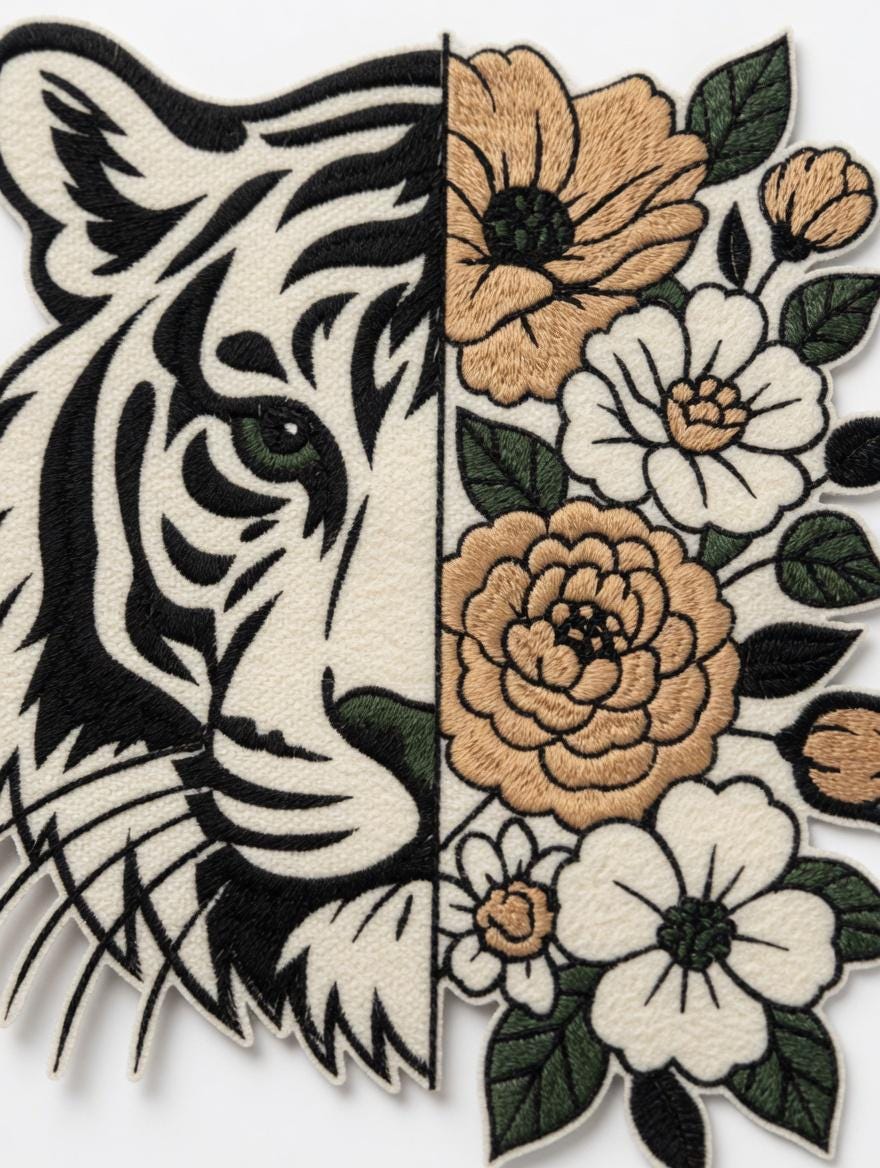 Embroidered Tiger Floral Tote Bag: Artistic Canvas Shoulder Bag