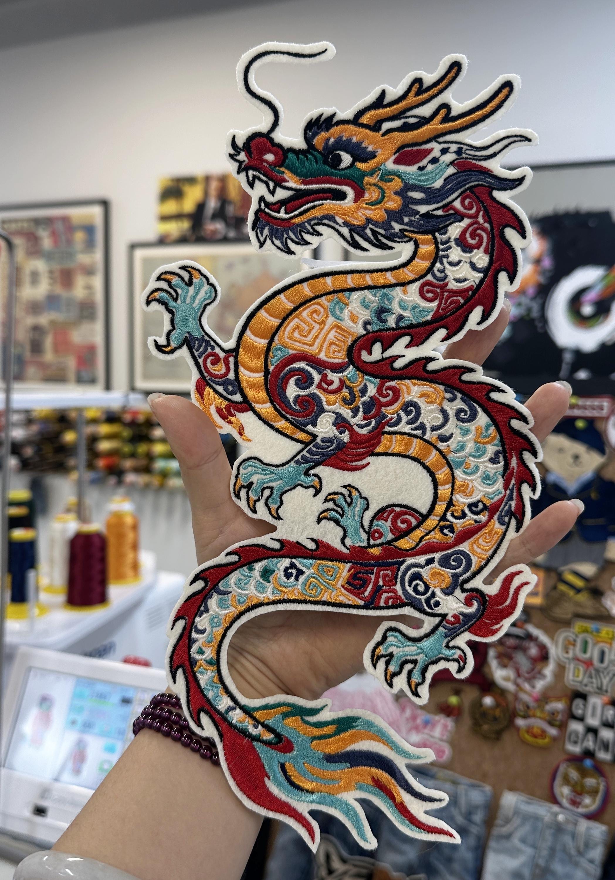 Embroidered Chinese Dragon Patch – Bright Scales, Flames, Sew On Applique