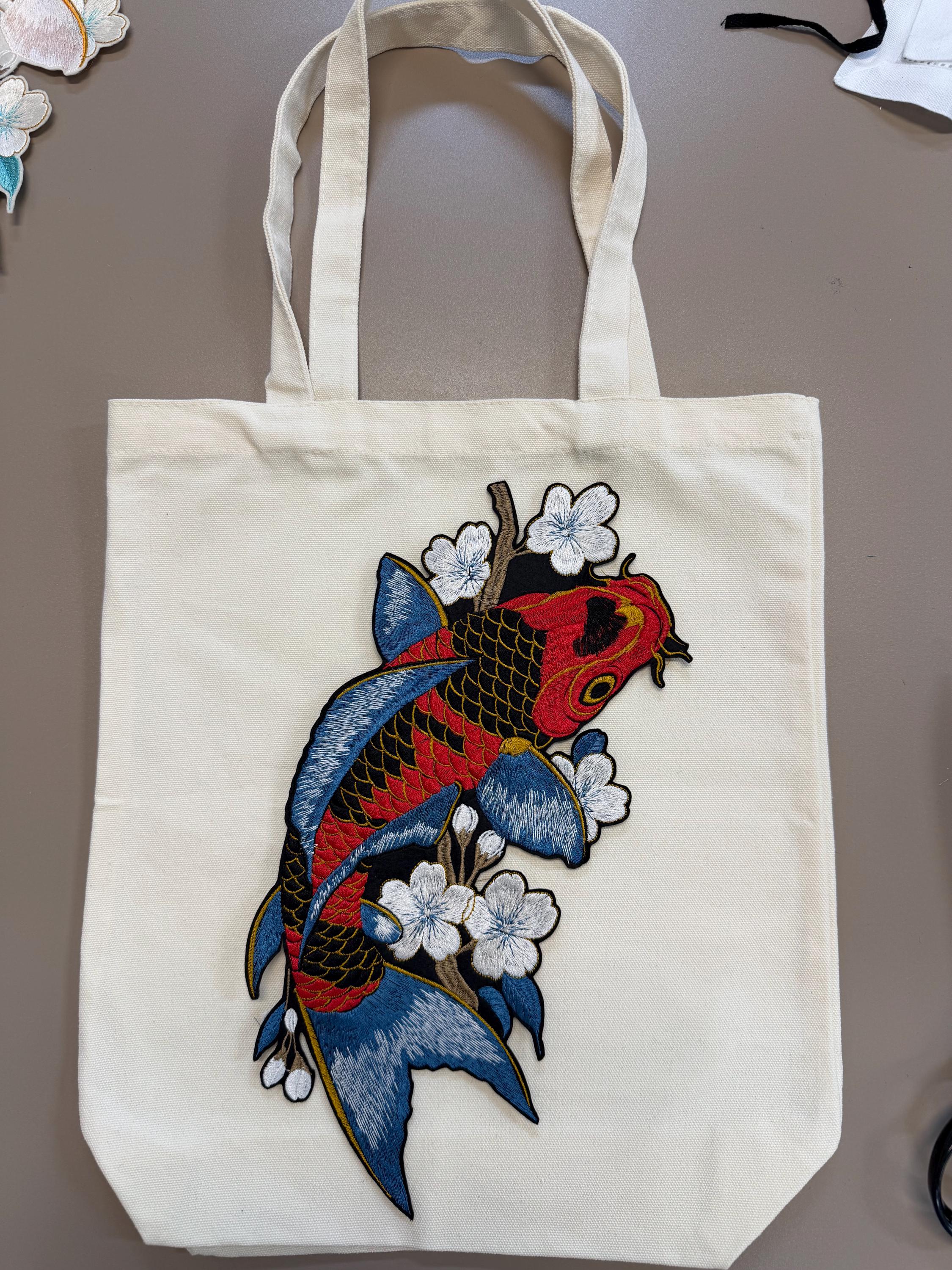 Embroidered Koi Fish Cherry Blossom Tote Bag: Japanese Style Canvas Shoulder Bag