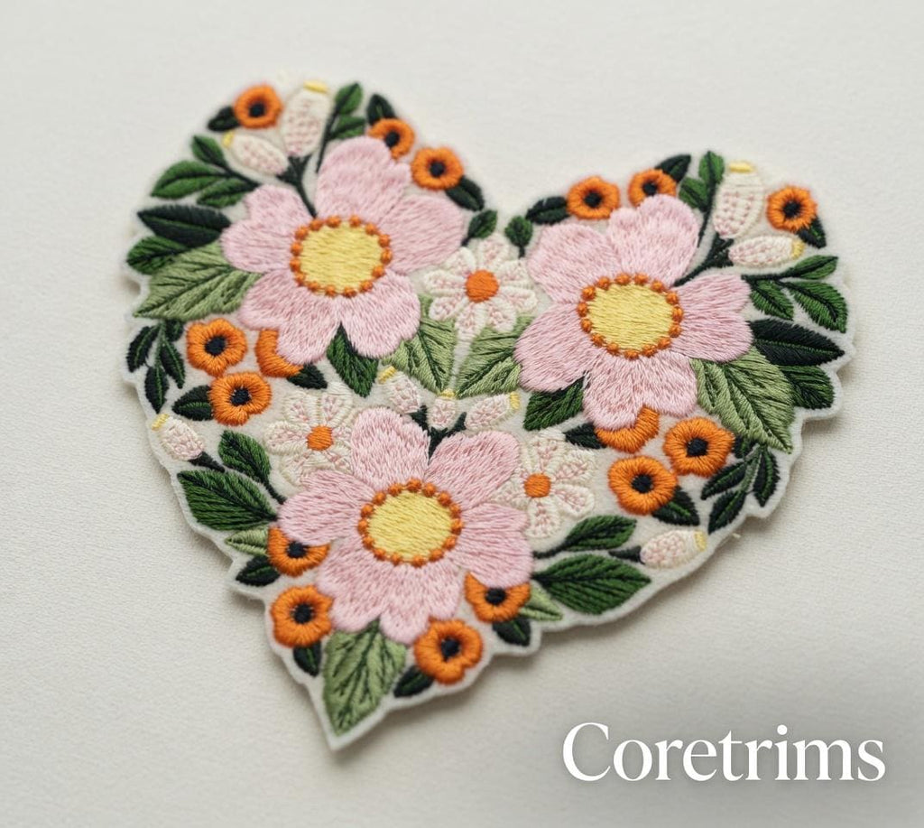 Floral Heart Patch – Hand Embroidered Pink Blossoms Badge (Iron-On)