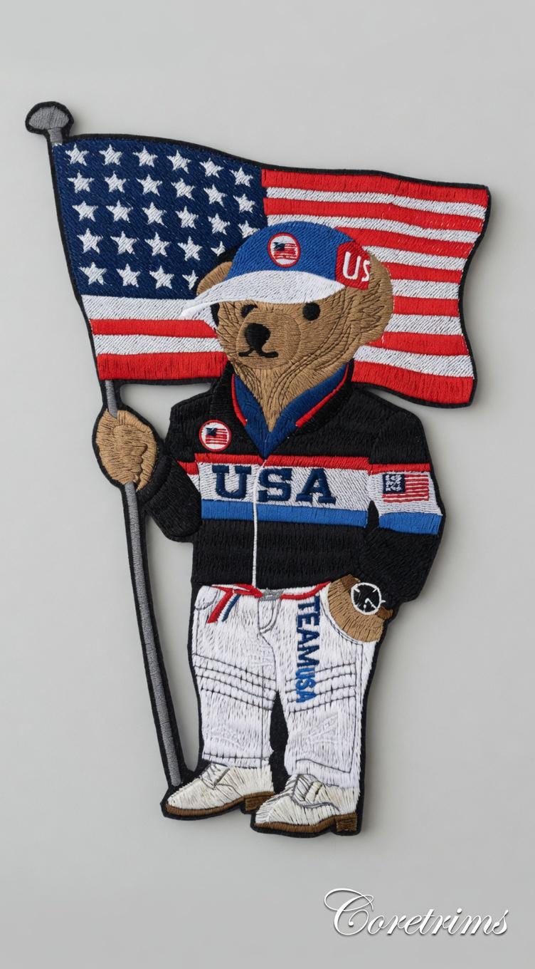 Patriotic USA Ralph Lauren style Bear Embroidered Iron-On Patch – Holding American Flag, Team USA Jacket & Cap
