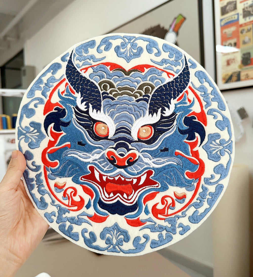 Embroidered jumperEmbroidered Chinese Dragon Patch – Fierce Blue Porcelain Waves, Sew/Iron On Badge