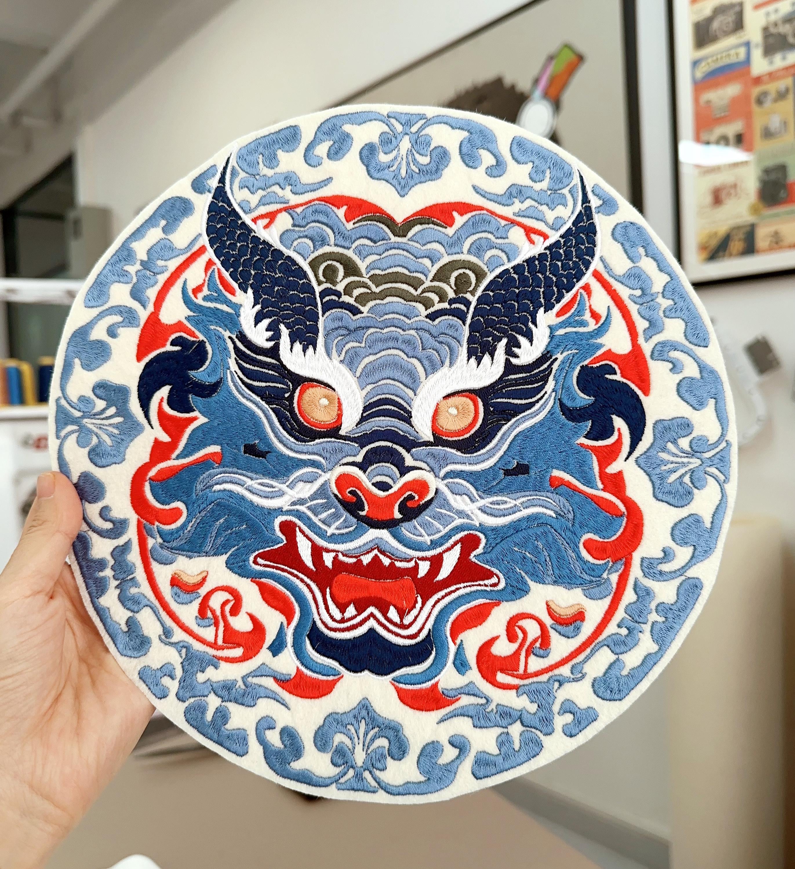 Embroidered jumperEmbroidered Chinese Dragon Patch – Fierce Blue Porcelain Waves, Sew/Iron On Badge