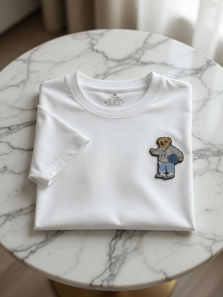 Custom Embroidered Teddy Bear T-Shirt | Gray Hoodie, Basketball Detail, Soft Cotton Tee