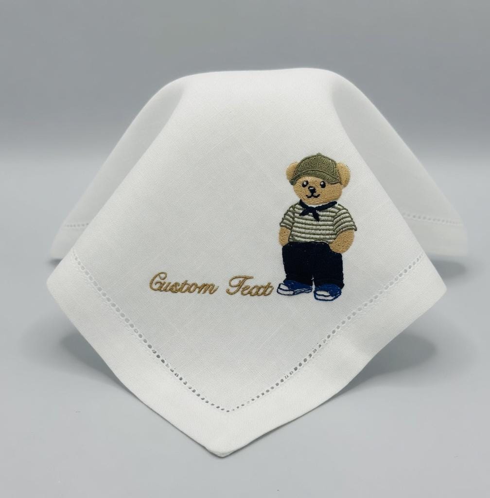 Set of 2 White Linen Napkins | Custom Embroidered Teddy Bear, Names & Date