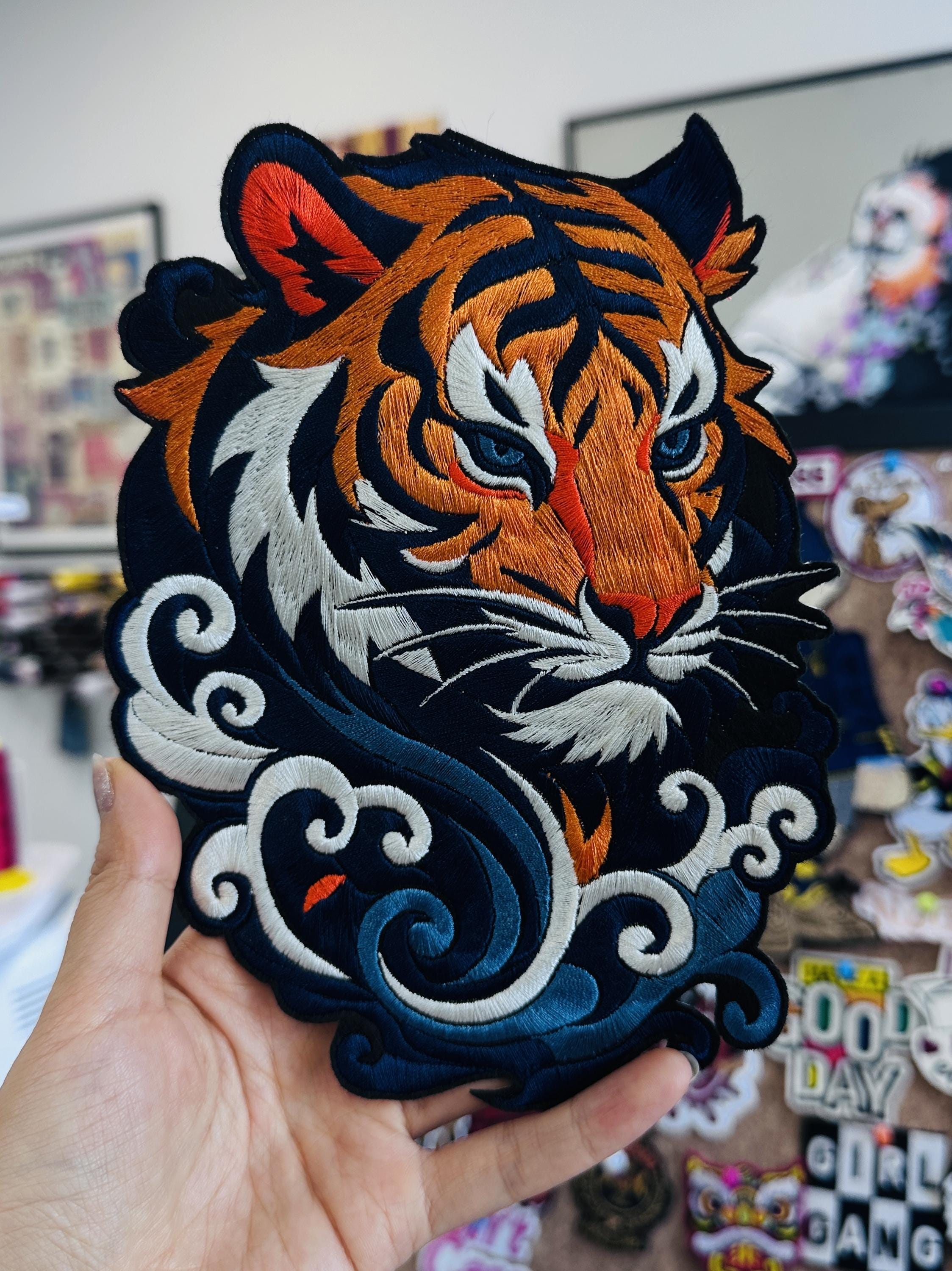 Embroidered Tiger Head Patch – Swirling Clouds Waves, Sew/Iron On Badge