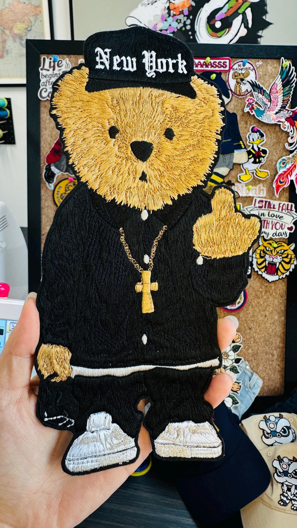 Hand Embroidered Teddy Bear Patch, New York Hip Hop Bear, Iron On Sweatshirt Hoodie