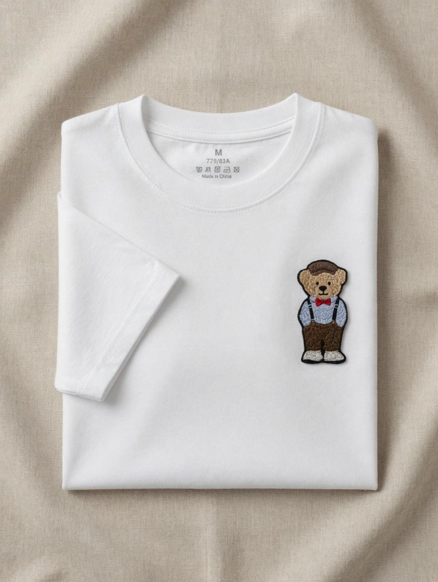 Embroidered Teddy Bear T-Shirt | Dapper Bear with Bow Tie, Suspenders (Cotton)