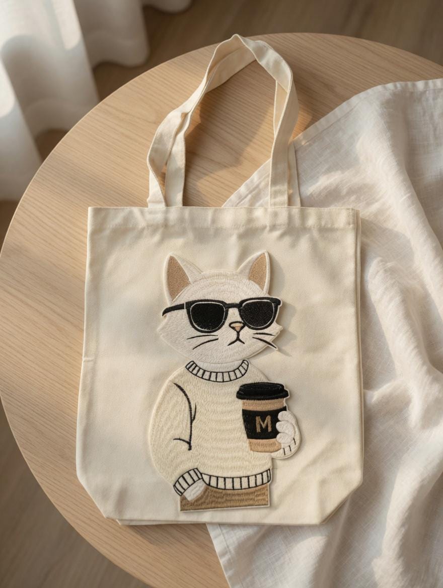 Embroidered Cat Coffee Tote Bag | Lover Canvas Shoulder Bag