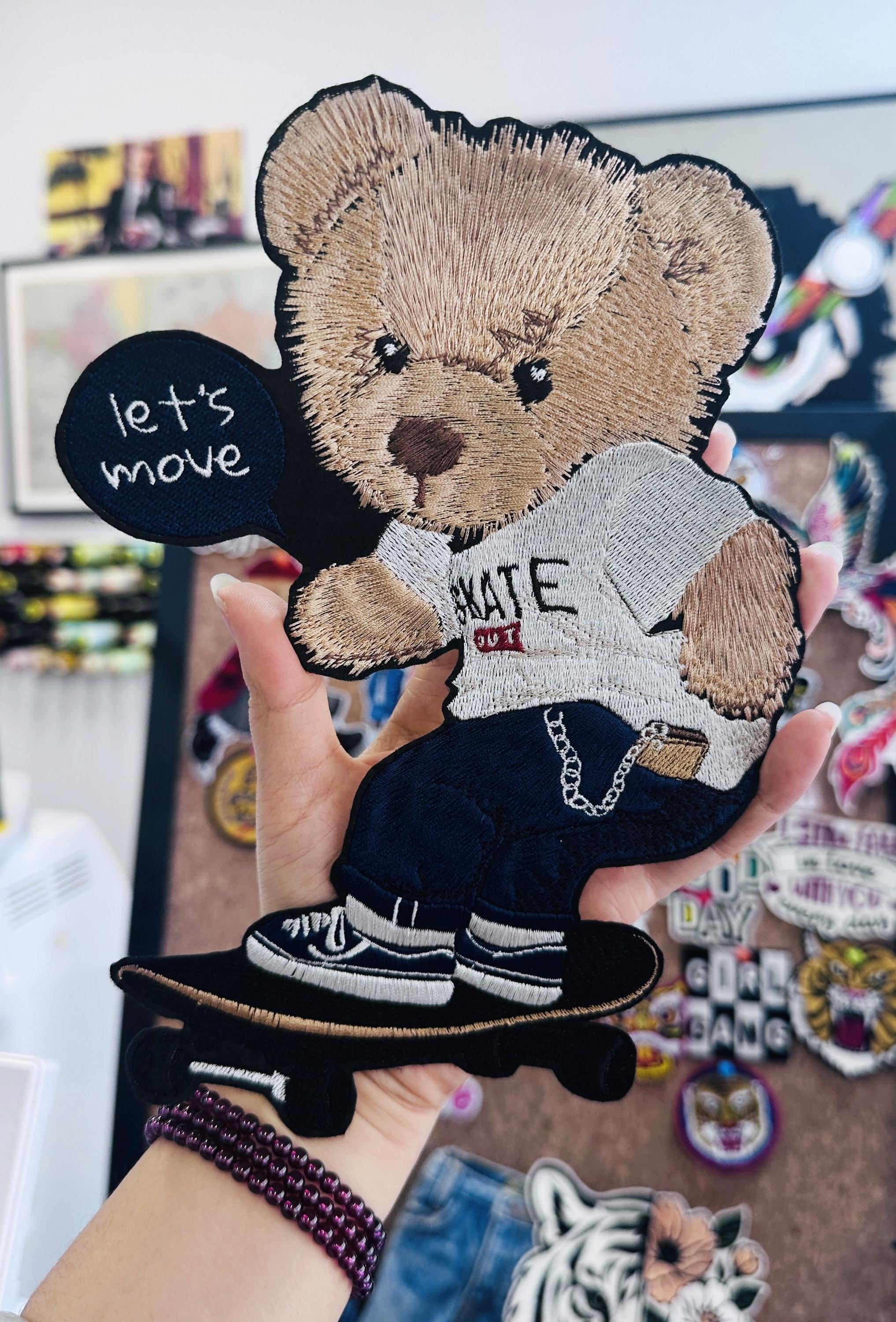Embroidered Teddy Bear Patch – Skater Applique (Iron On/Sew)