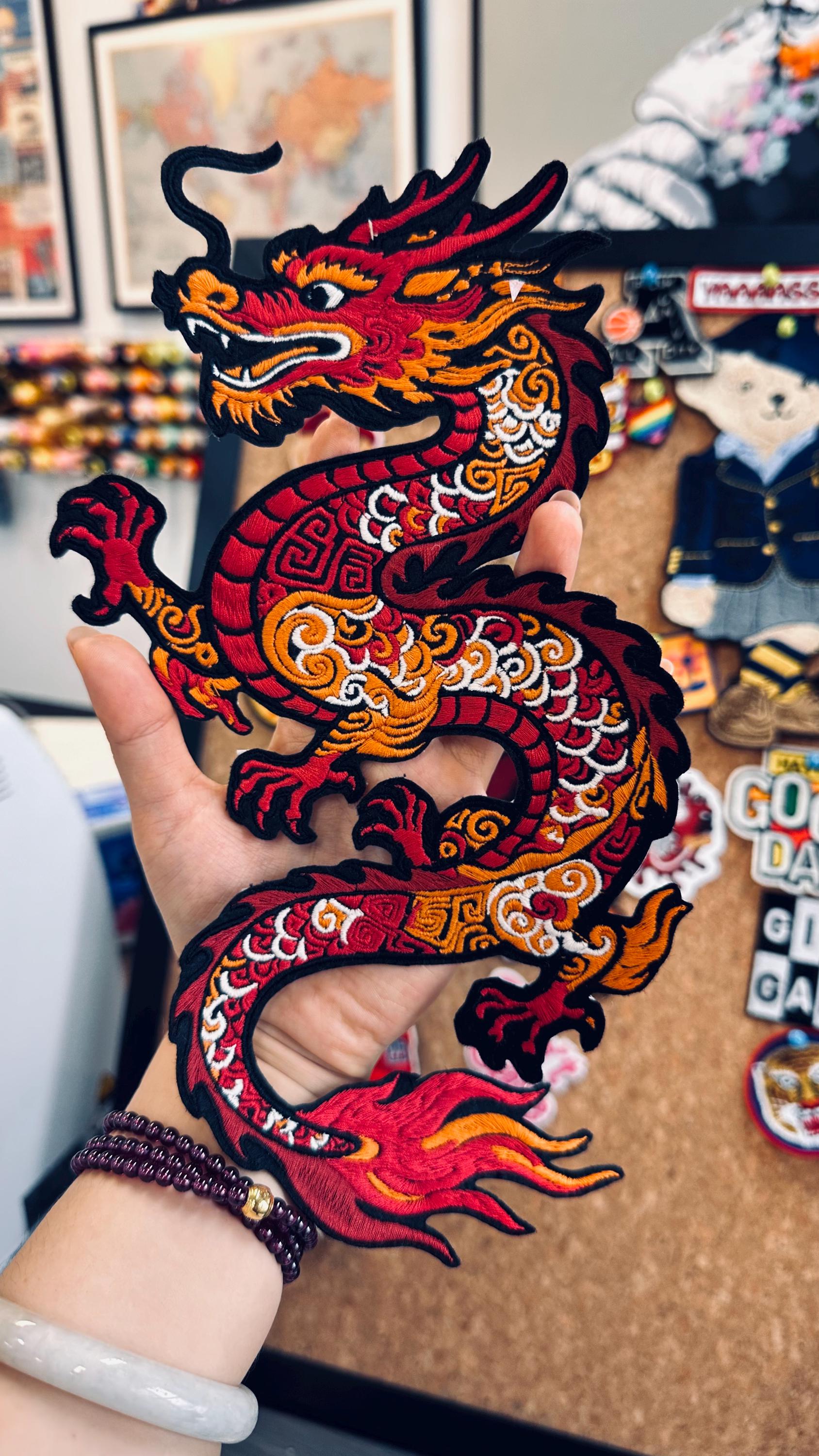 Embroidered Chinese Dragon Patch – Bright Scales, Flames, Sew On Applique